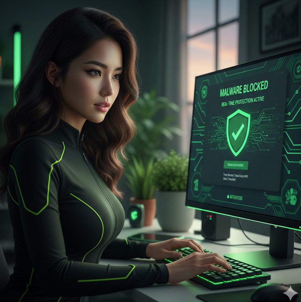  백신 프로그램 실시간 보호 화면과 악성코드 차단 알림 그래픽 블렌드 이미지