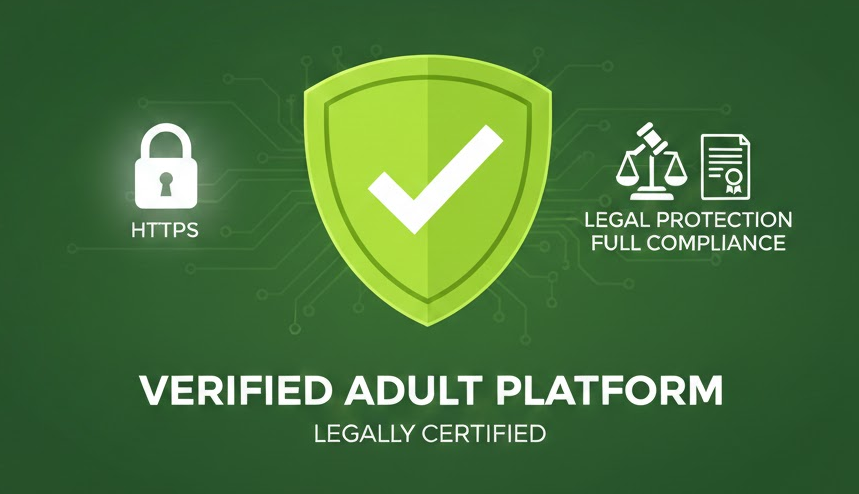  합법 성인 플랫폼 인증 마크와 법적 보호 아이콘이 강조된 그래픽 이미지 