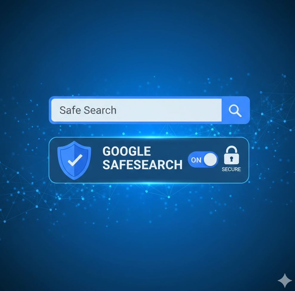 안전한 검색 키워드 입력 화면과 구글 세이프서치 ON 그래픽 블렌드 이미지