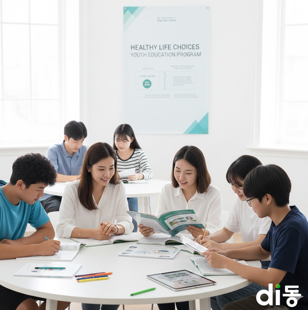 청소년 교육 세션을 묘사한 이미지, di동 로고와 함께 책 읽는 아이들 