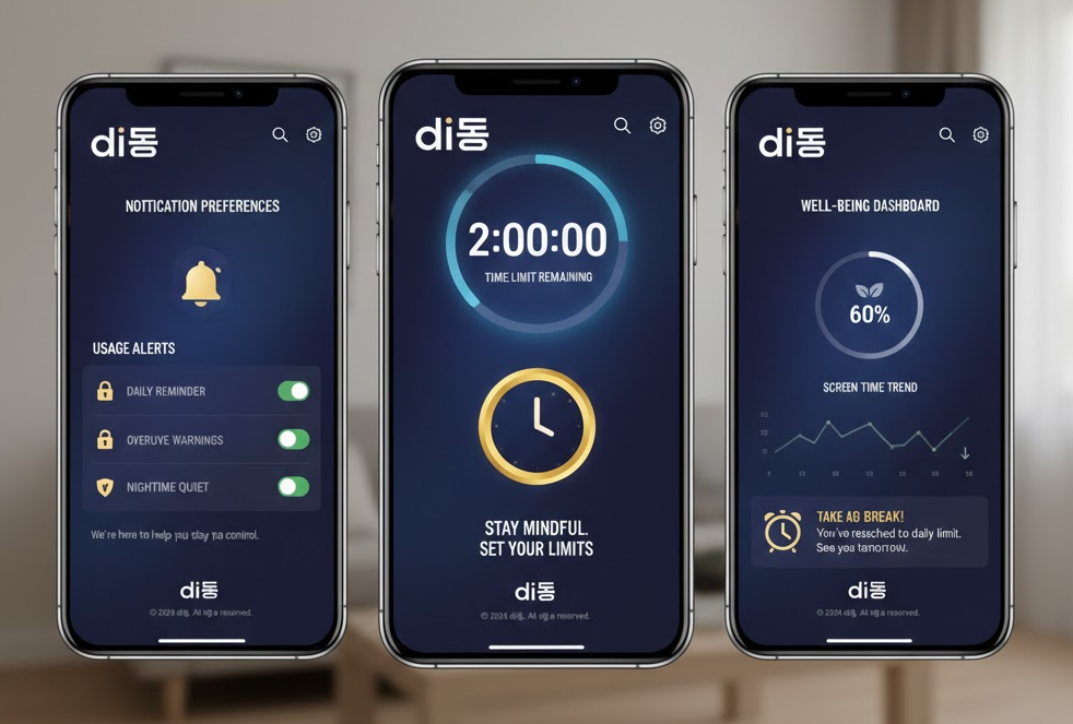 di동 앱의 중독 예방 기능을 보여주는 스크린샷 모음 이미지