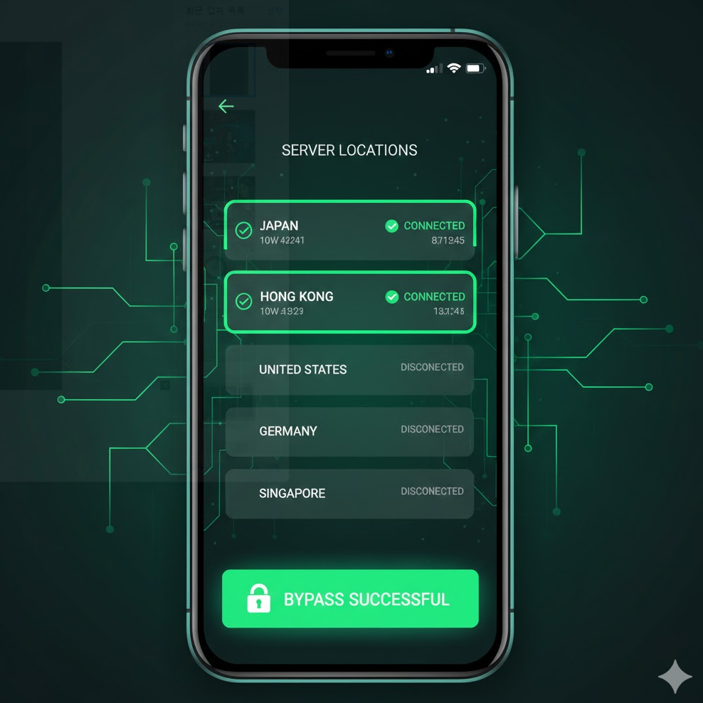 VPN 앱 서버 목록에 일본·홍콩 서버가 강조된 캡처 이미지 녹색 테마로 성공적인 우회 강조