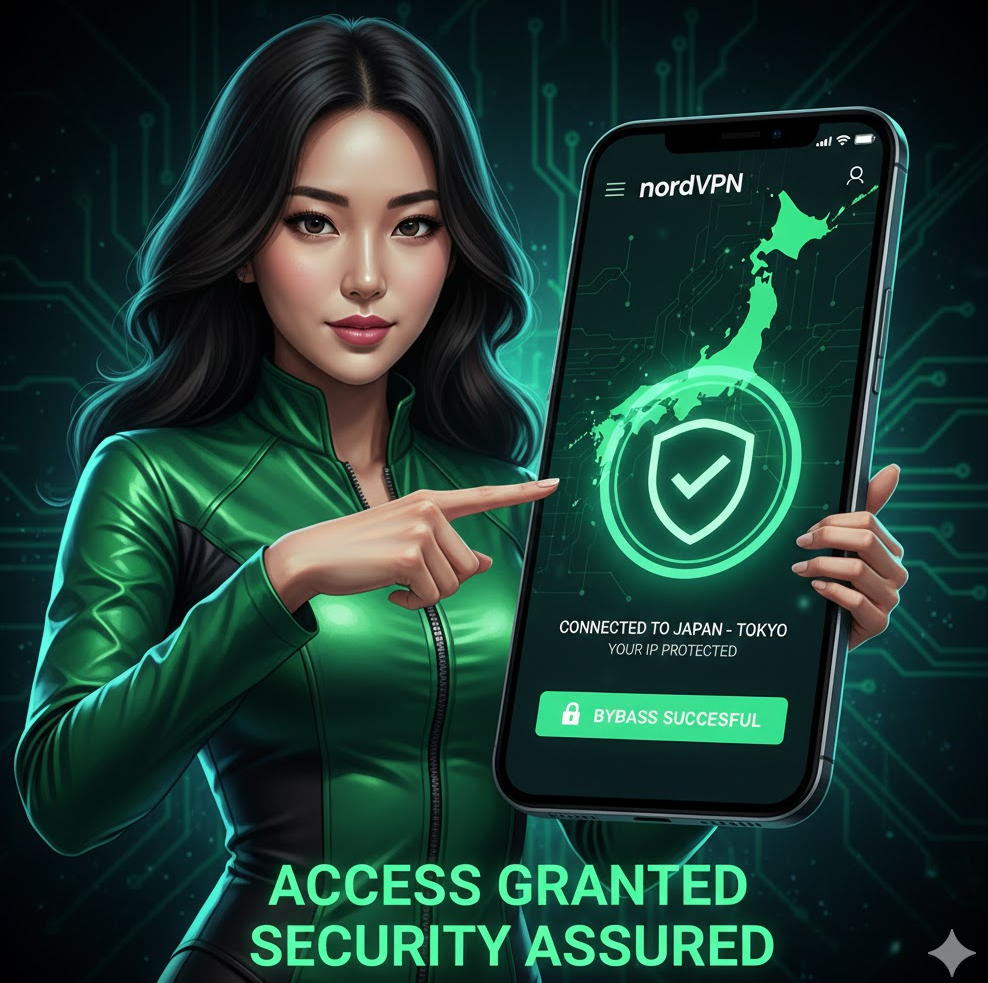 NordVPN 앱에서 일본 서버 연결된 화면 캡처 이미지 녹색 연결 표시로 성공 우회 강조.