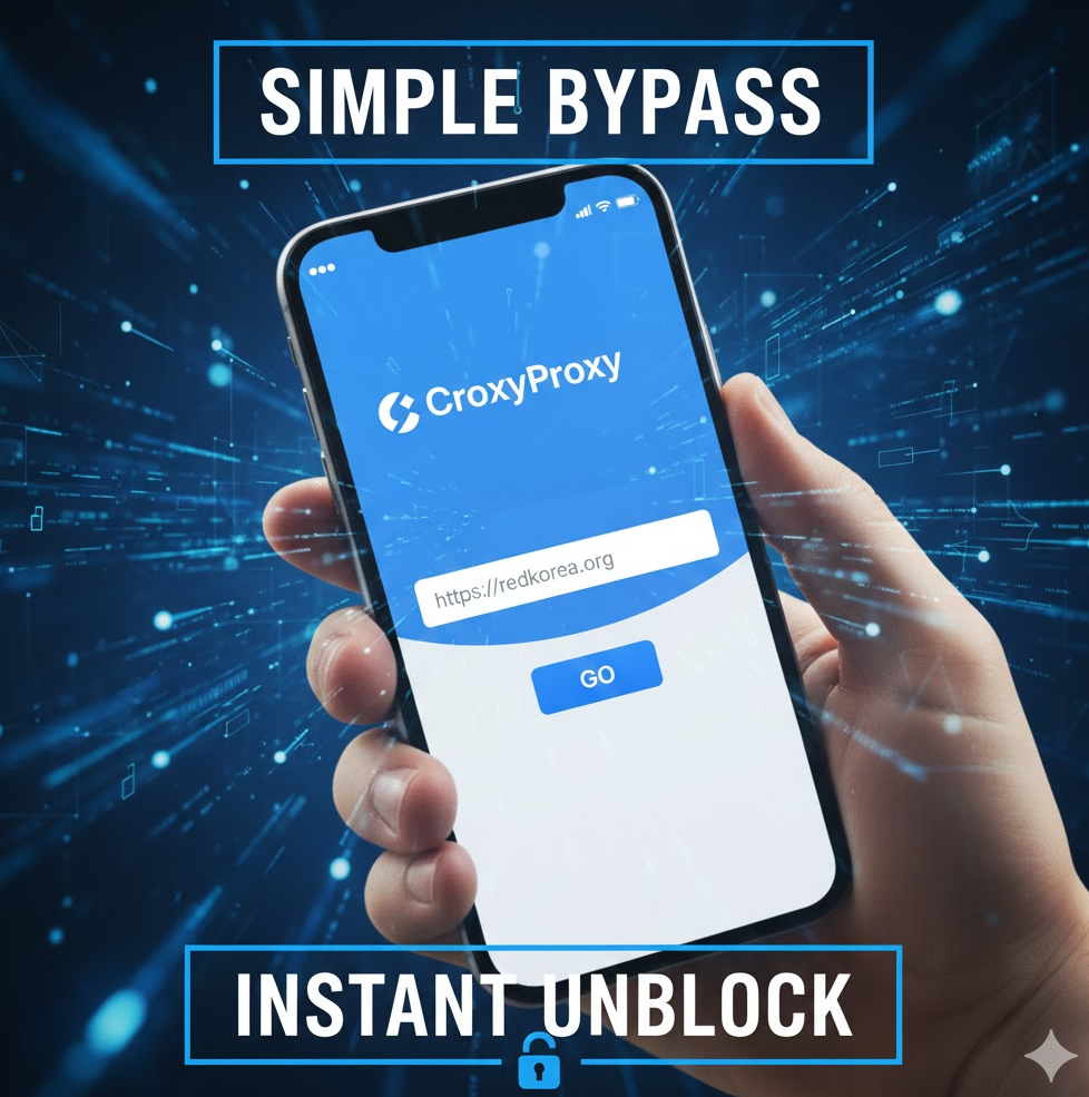 CroxyProxy 웹사이트에 레드코리아 주소 입력된 화면 캡처 이미지 파랑 테마로 간단 우회 강조.