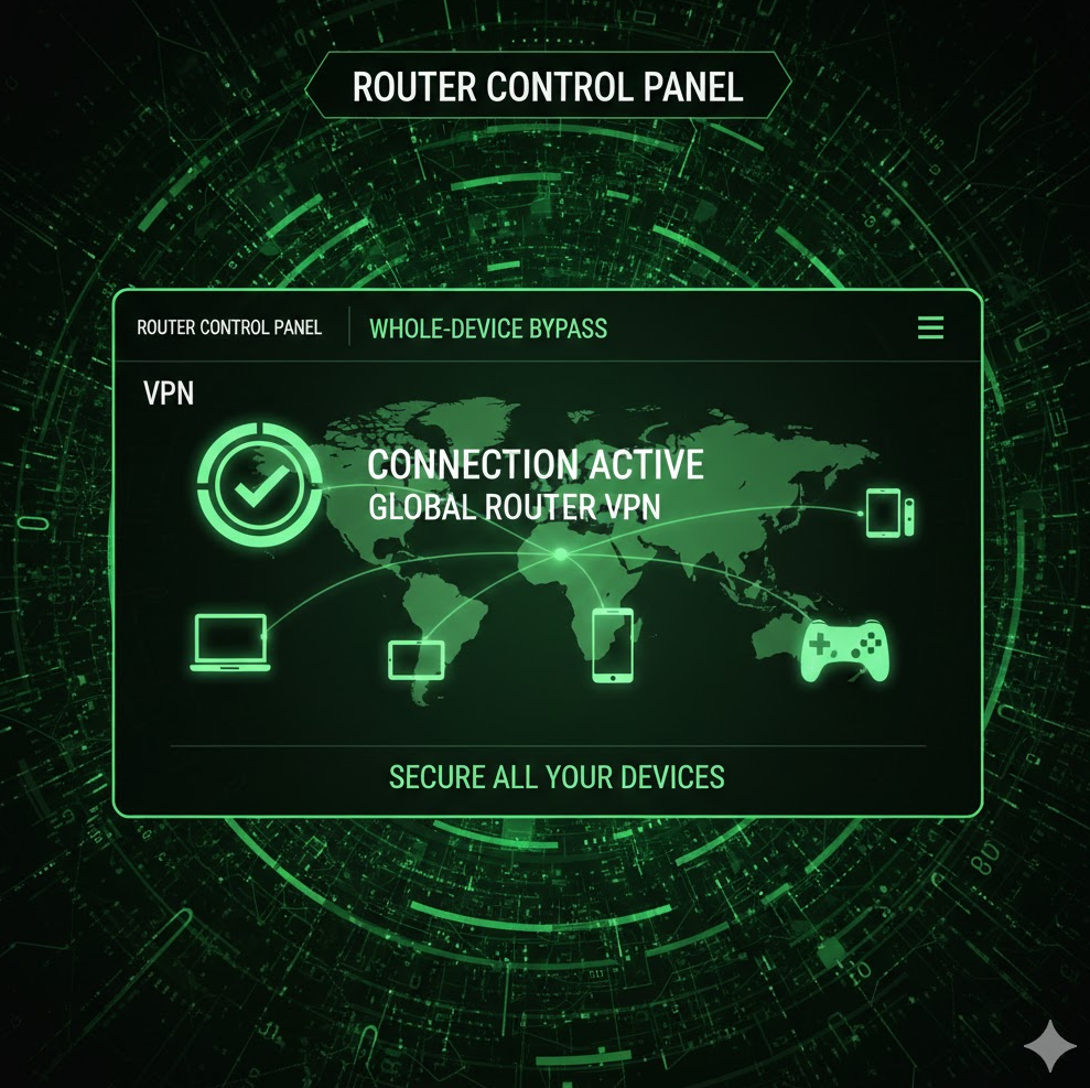 라우터 관리 화면에 VPN 설정이 적용된 그래픽 이미지 녹색 연결 표시로 전체 기기 우회 강조