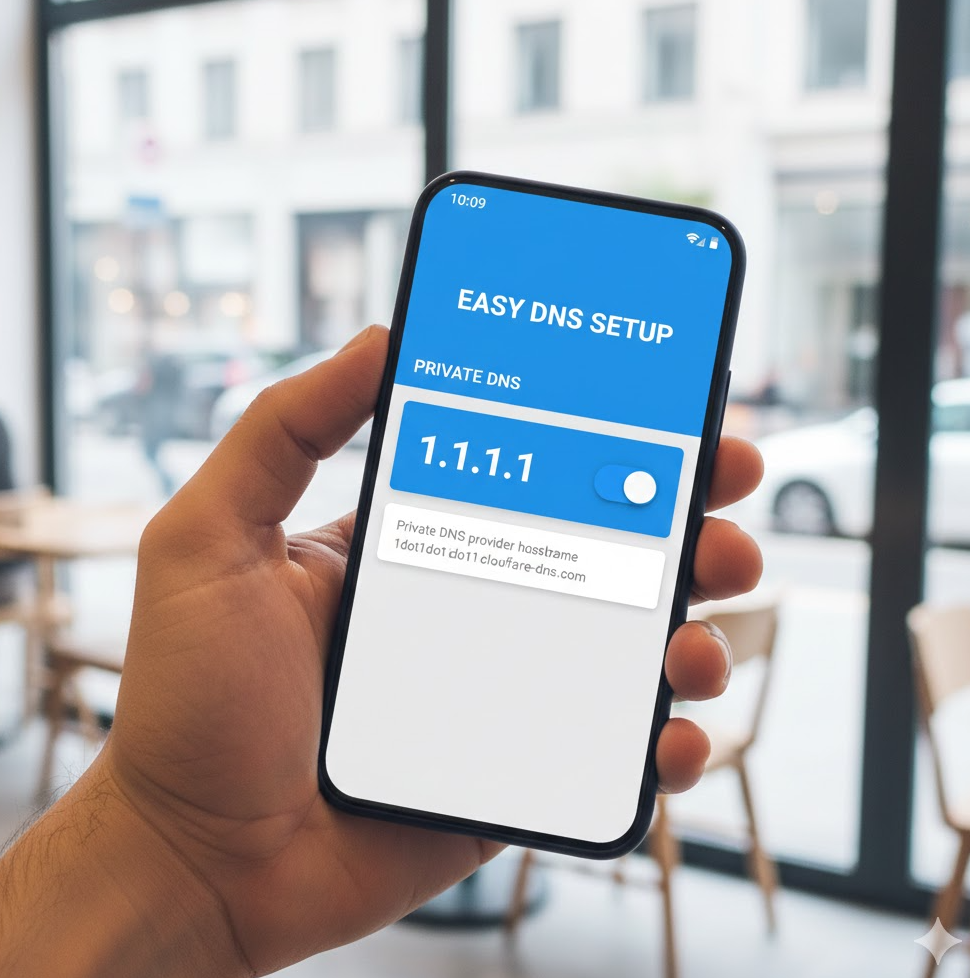 스마트폰 DNS 설정 화면에 1.1.1.1 앱 활성화된 캡처 이미지 파랑 테마로 쉬운 설정 강조