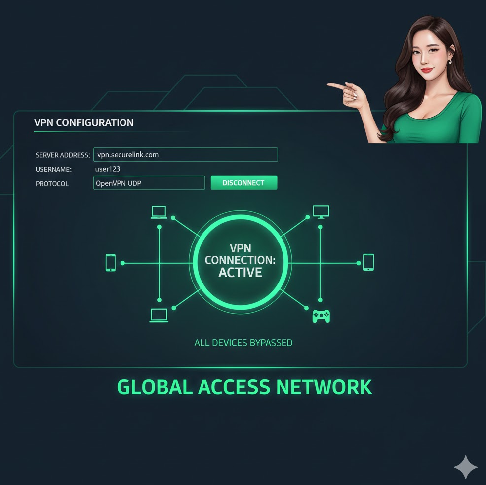 라우터 관리 화면에 VPN 설정이 적용된 그래픽 이미지 녹색 연결 표시로 전체 기기 우회 강조