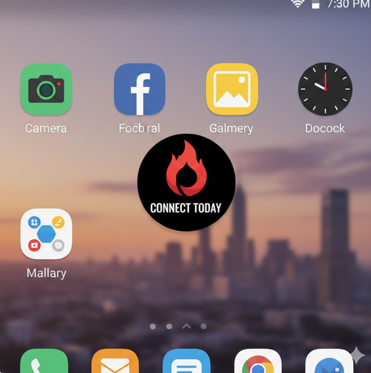 스마트폰 홈 화면 중앙에 불꽃 모양 아이콘과 함께 'CONNECT TODAY'라는 문구가 적힌 검은색 원형 로고가 배치되어 있습니다.