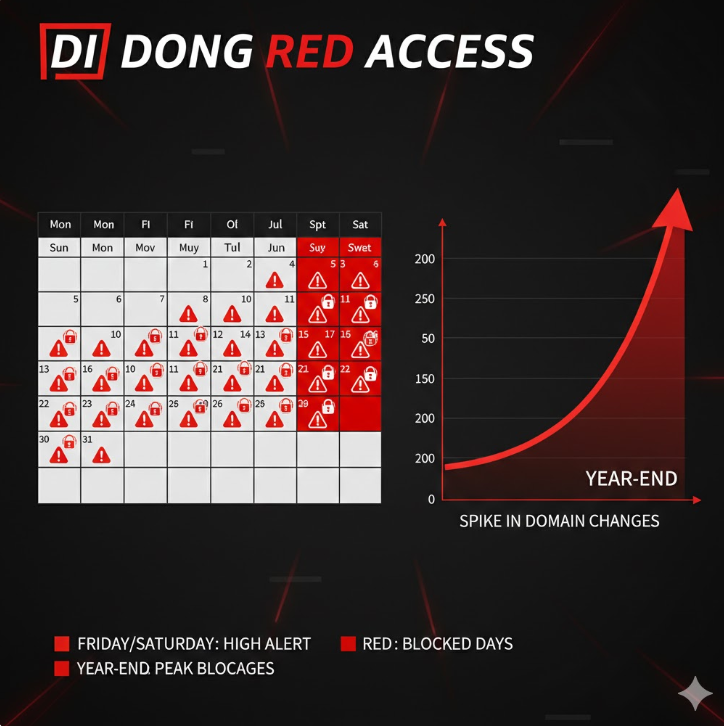 접속 패턴 인포그래픽: 달력과 그래프를 통해 금요일과 토요일에 접속 차단 경고가 집중되며, 연말에 도메인 변경이 급증하는 경향을 보여줍니다.