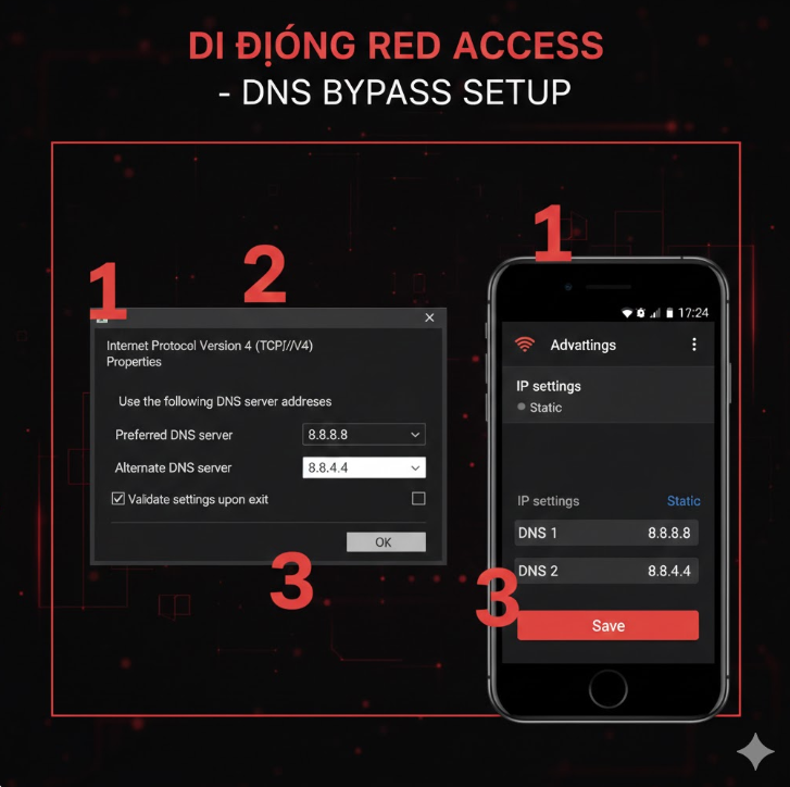 DNS 우회 설정 가이드: Windows와 모바일 환경에서 DNS 서버 주소를 8.8.8.8 또는 8.8.4.4로 변경하여 차단을 우회하는 단계를 번호를 매겨 상세히 설명합니다.