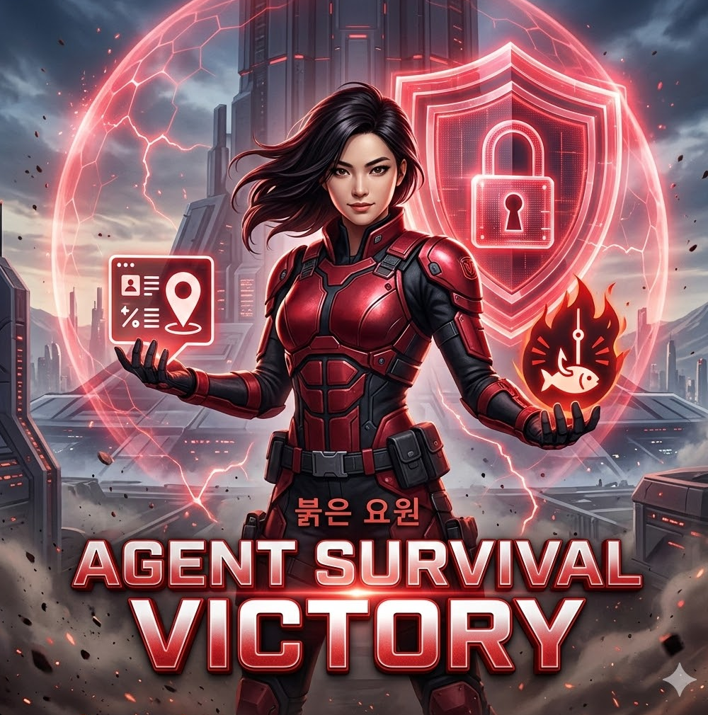 붉은 요원 아이콘이 좌표 백업 아이콘과 피싱 경고를 들고 서 있는 그래픽, 'Agent Survival Victory' 
