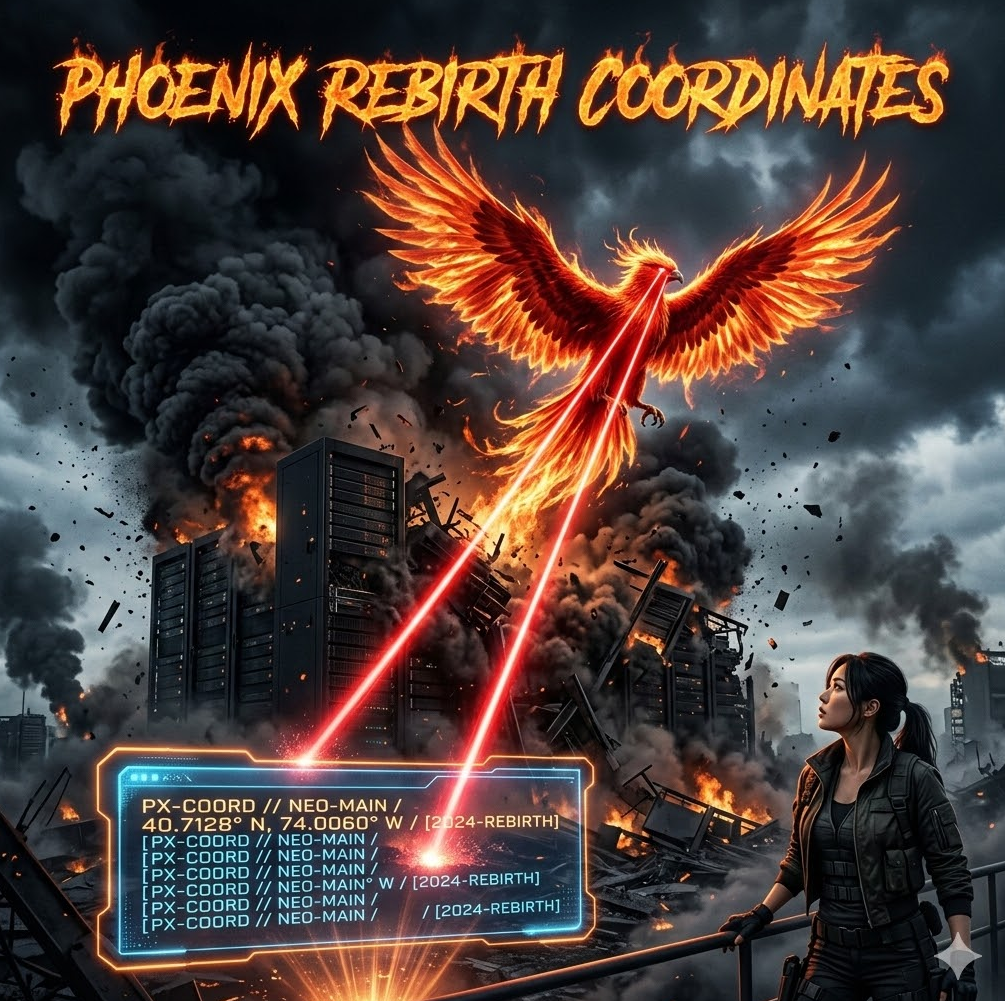  불사조 눈에서 붉은 레이저가 쏟아지며 새로운 주소가 생성되는 효과