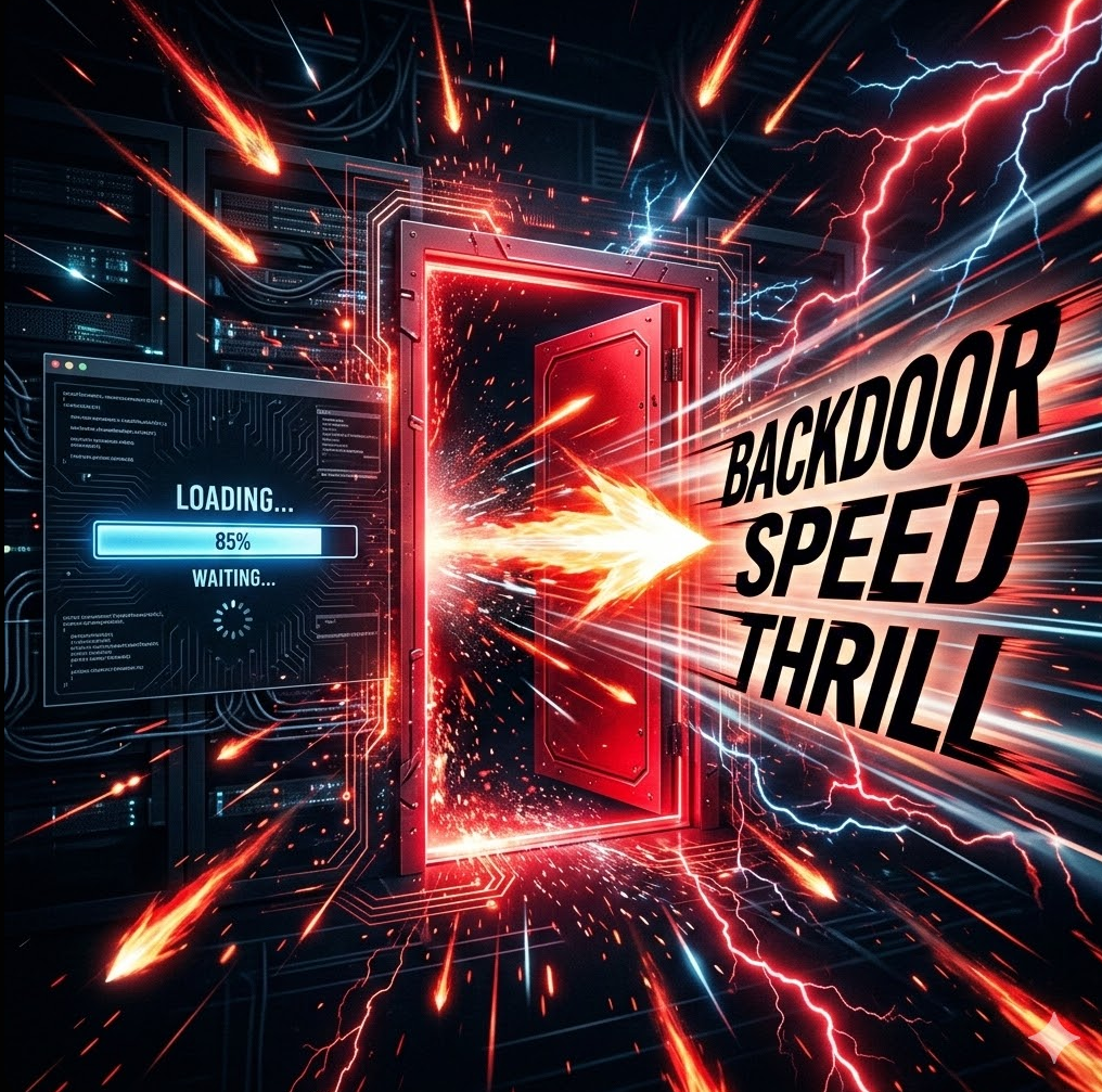  공식 로딩 바가 멈춰 있는 가운데, 붉은 뒷문이 열리며 광속 화살이 날아가는 그래픽. 