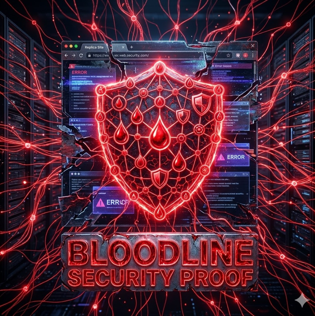 복제 사이트 껍데기 속에 붉은 혈통처럼 빛나는 보안 아이콘들이 보호막을 형성하는 그래픽
