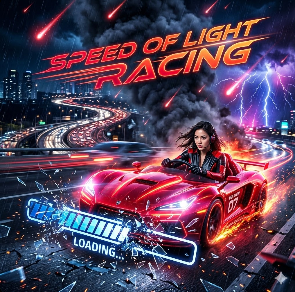 'Speed of Light Racing' 텍스트가 속도감 있게 흐르는 역동적인 장면