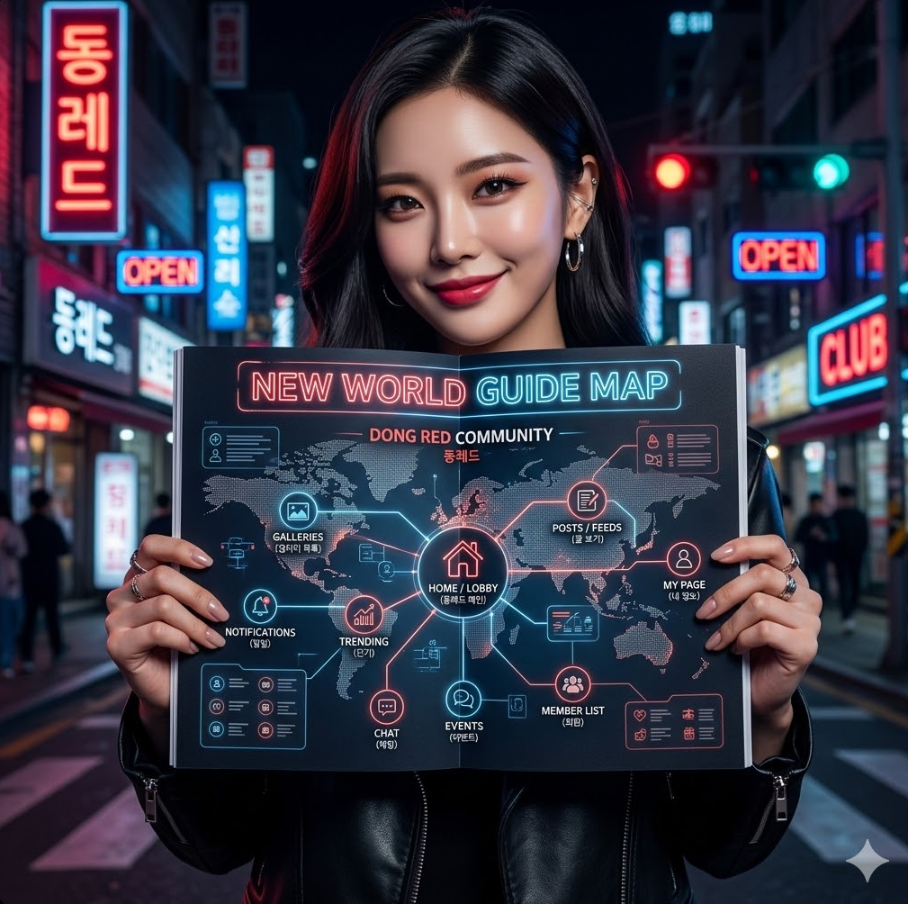 이용가이드 책자 모양에 di동레드 사이트 구조가 그려진 그래픽, 'New World Guide Map' 텍스트가 중앙에 배치된 디자인