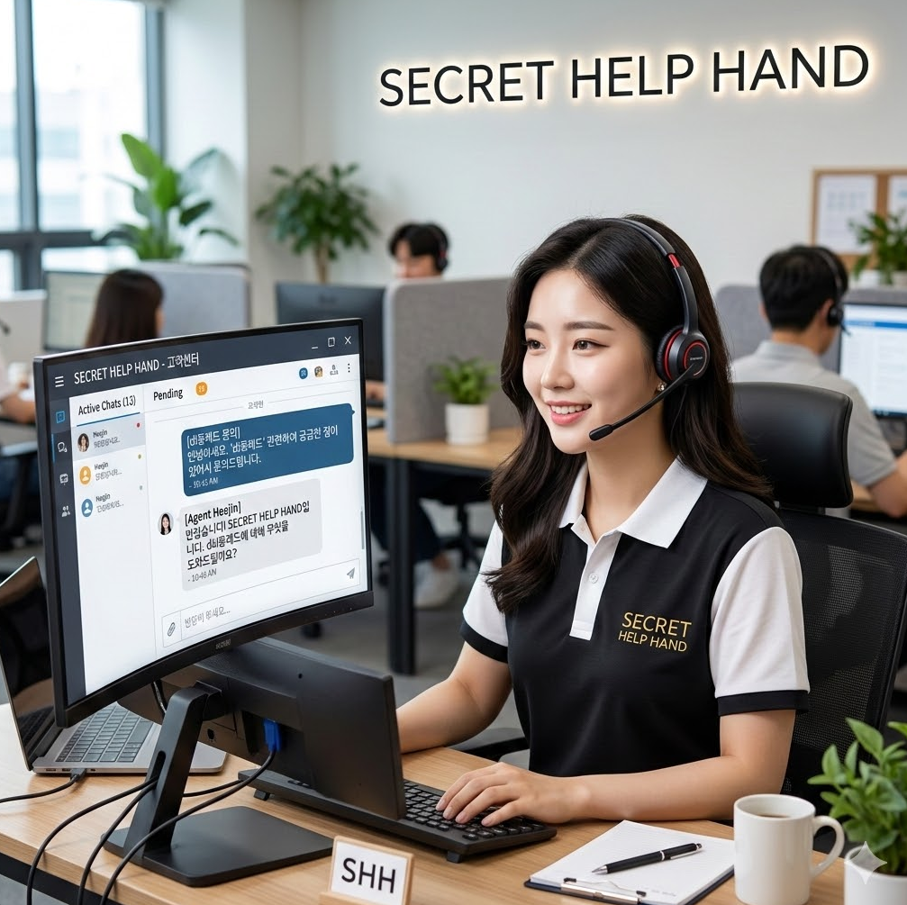 고객센터 채팅 창에 di동레드 문의가 표시된 그래픽, 'Secret Help Hand' 텍스트가 배치된 디자인.