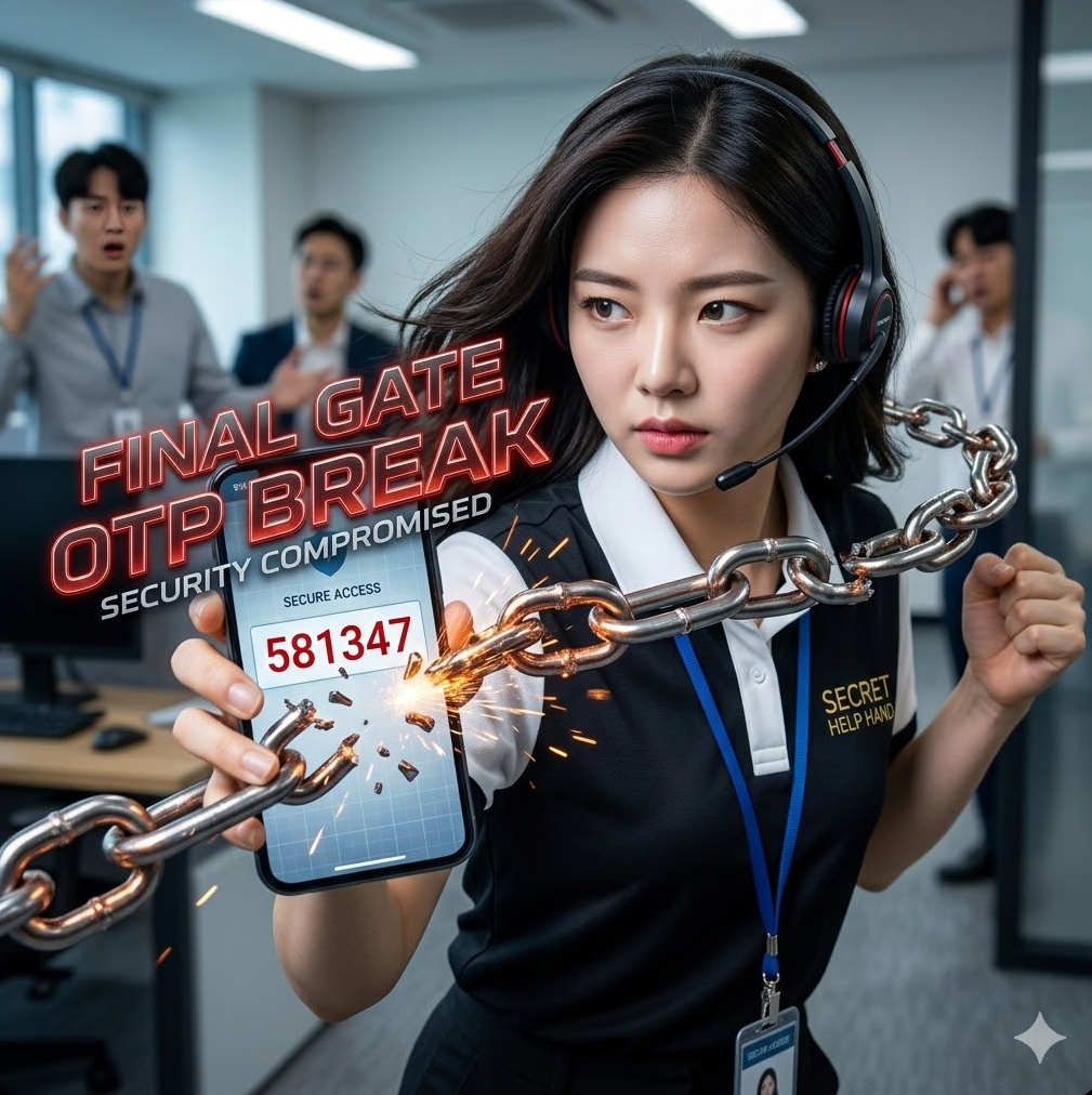 휴대폰 화면에 OTP 숫자가 떠 있고, 사슬이 끊어지는 애니메이션 그래픽, 'Final Gate OTP Break' 텍스트가 강조된 디자인.