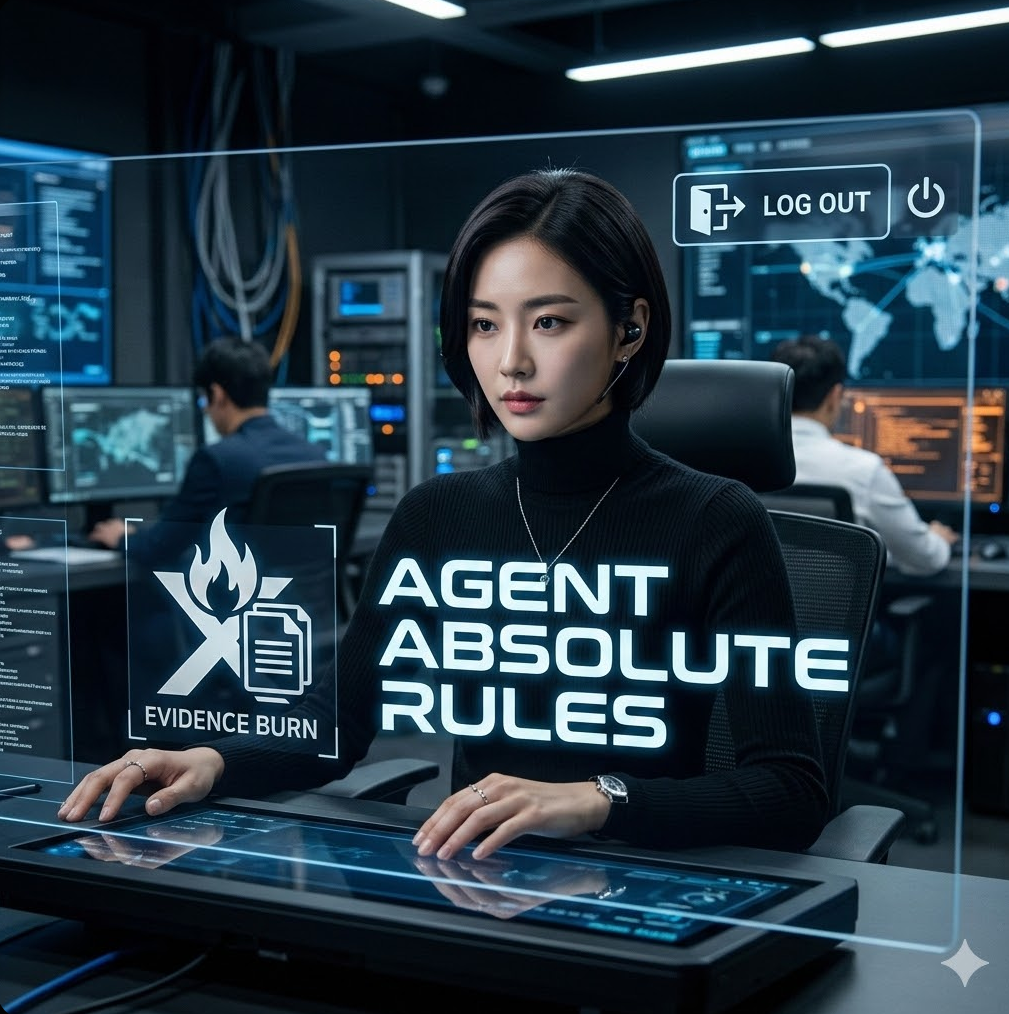로그아웃 버튼과 증거 소각 아이콘 그래픽, 'Agent Absolute Rules' 텍스트가 배치된 디자인.