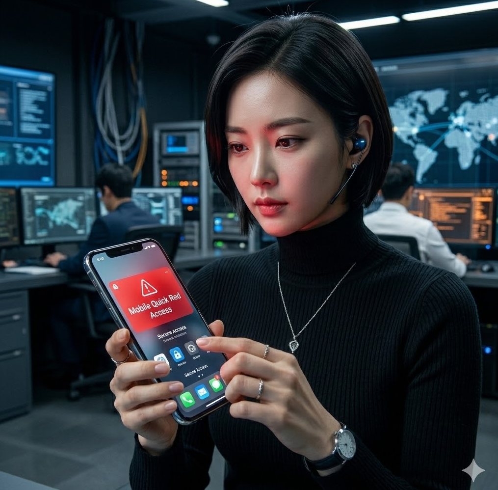스마트폰 화면에 di동레드 알림이 표시된 그래픽, 'Mobile Quick Red Access' 텍스트가 배치된 디자인.