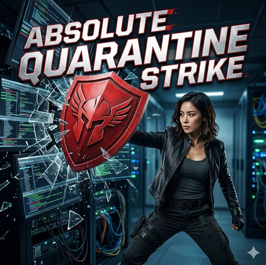 붉은 방패가 가짜 사이트들의 머리를 깨부수는 그래픽, 'Absolute Quarantine Strike' 텍스트가 강렬하게 새겨진 디자인.