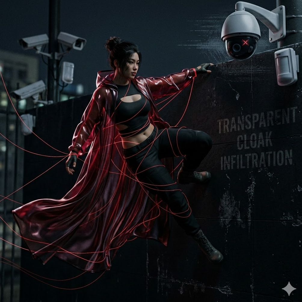 망토가 바람에 펄럭이며 붉은 실이 몸을 감싸는 역동적인 장면. 'Transparent Cloak Infiltration' 텍스트
