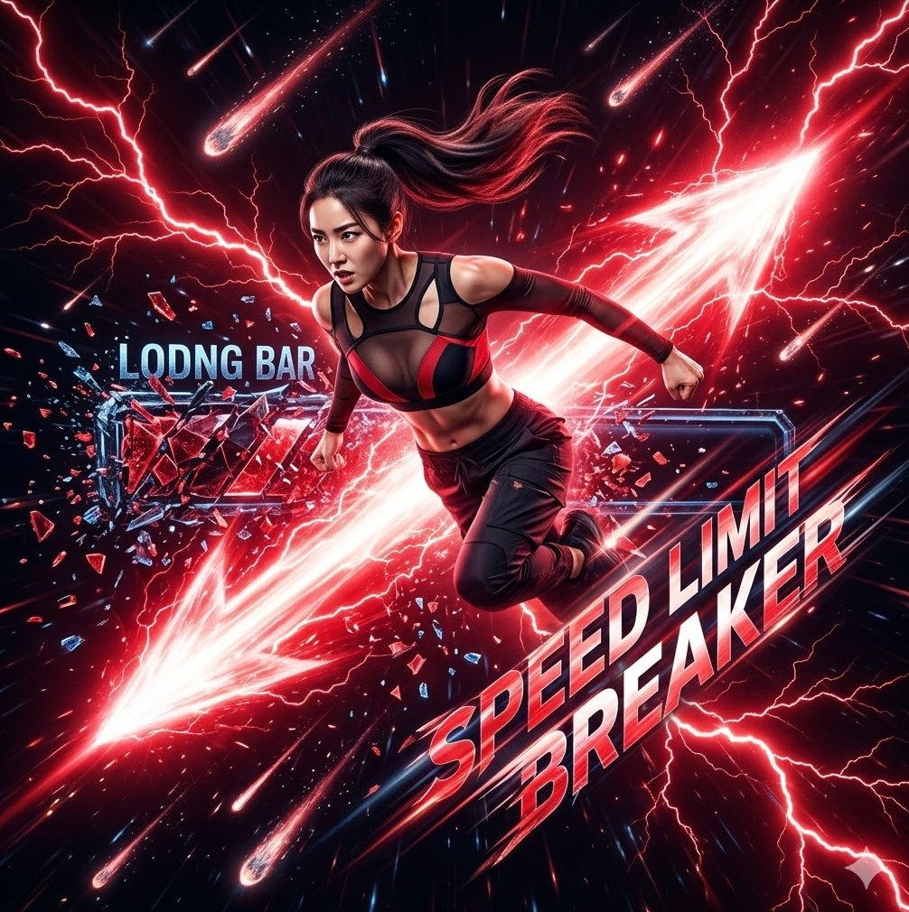 로딩 바가 산산조각 나며 붉은 광속 화살이 날아가는 그래픽, 'Speed Limit Breaker' 텍스트가 속도감 있게 흐르는 역동적인 장면. 화면에 붉은 번개와 별똥별이 쏟아지는 극적인 효과.