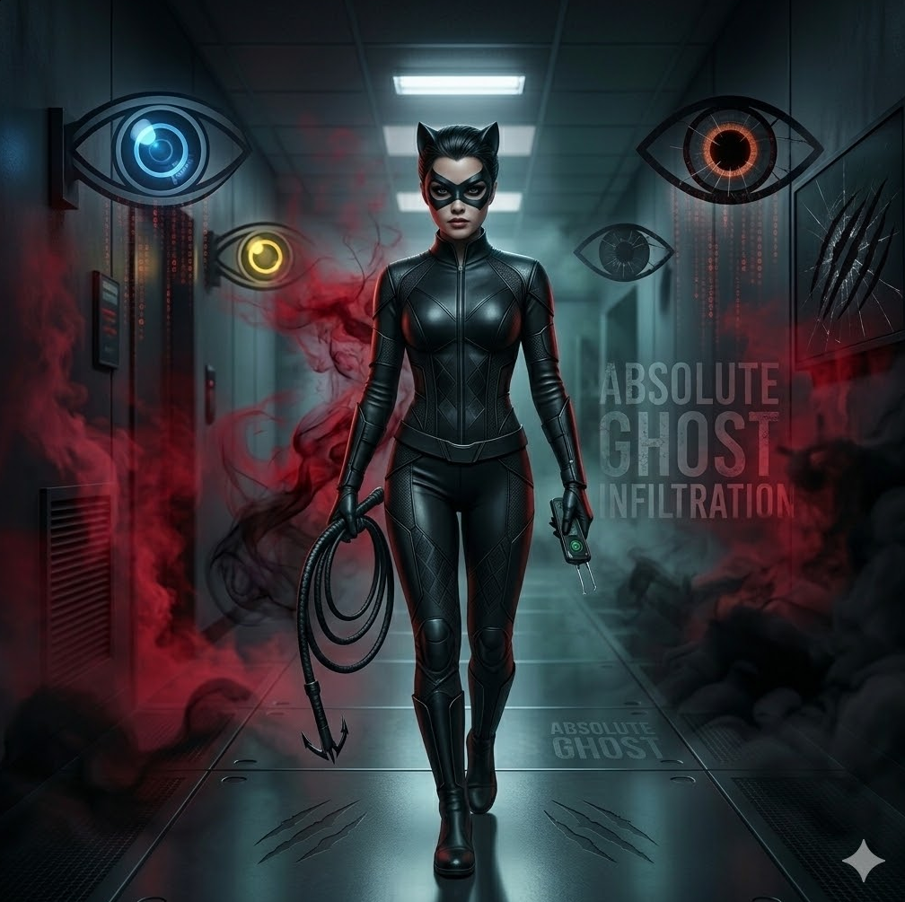 붉은 실루엣이 검은 안개 속에서 유령처럼 스며드는 그래픽, 'Absolute Ghost Infiltration' 텍스트가 은밀하게 새겨진 디자인. 배경에 감시 눈이 꺼지는 효과와 붉은 안개가 피어오르는 장면.