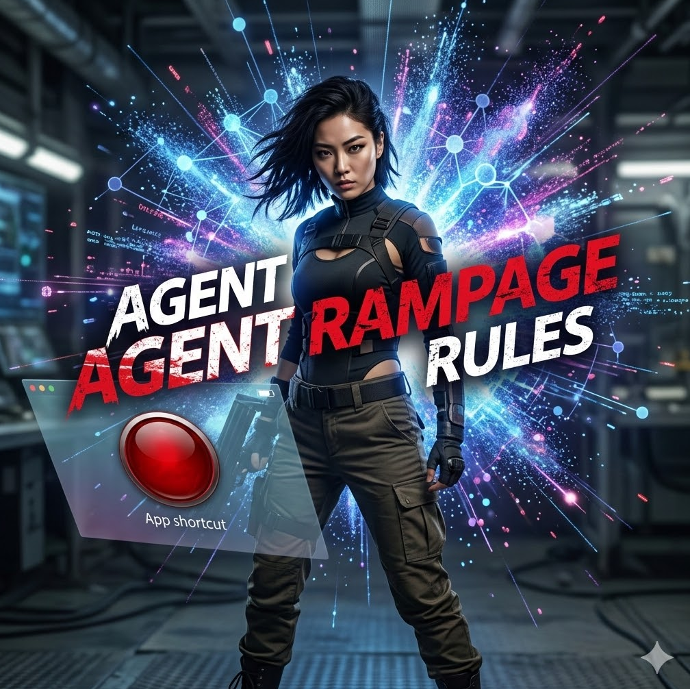홈 화면에 붉은 바로가기 아이콘이 박제되고, DNS 봉인이 폭발하는 그래픽, 'Agent Rampage Rules' 텍스트가 강렬하게 새겨진 디자인.