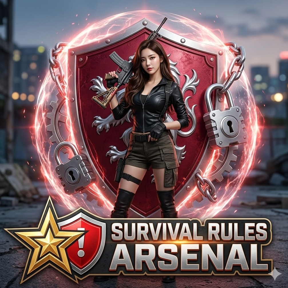 즐겨찾기 아이콘과 사칭 경고 아이콘이 겹쳐진 그래픽, 'Survival Rules Arsenal' 텍스트가 배치된 디자인. 배경에 붉은 방패와 자물쇠가 보호막처럼 둘러싸인 강렬한 장면.