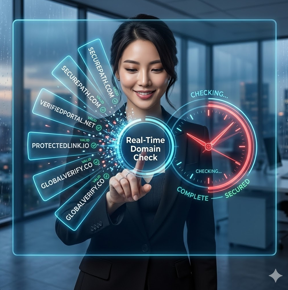 실시간 도메인 점검 버튼 클릭 순간 새 주소가 펼쳐지는 그래픽, 'Real-Time Domain Check' 텍스트가 배치된 디자인. 화면에 붉은 시계 바늘이 빠르게 돌며 점검 완료되는 효과.